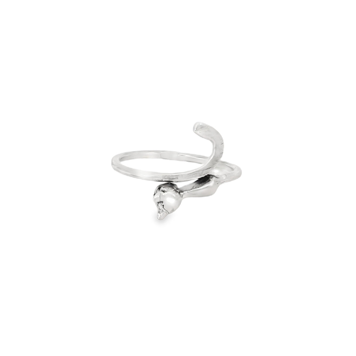 Silver ring with a small cat on a white background