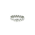 Silver ring with a textured band on a white background