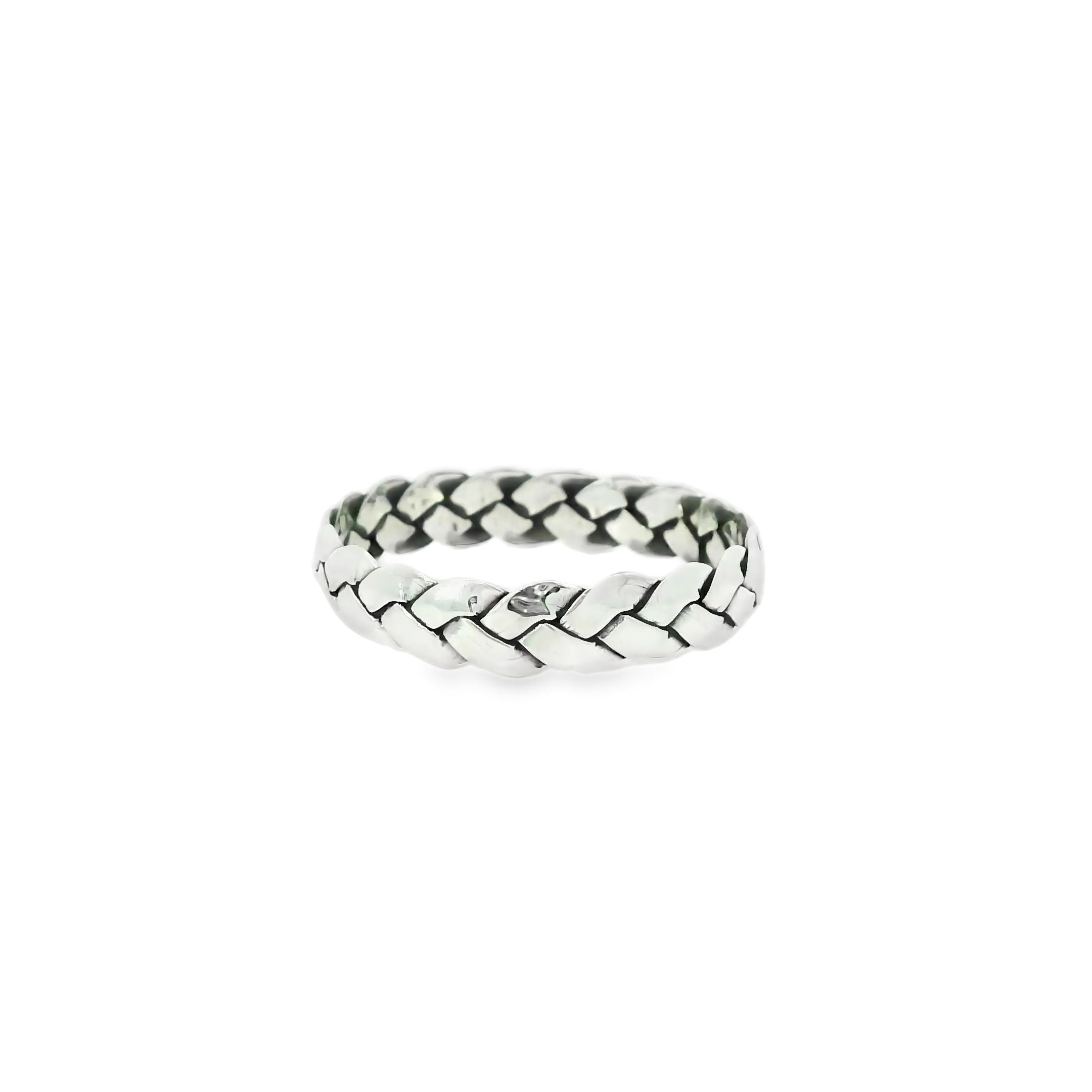 Silver ring with a textured band on a white background
