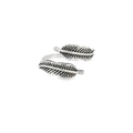 Pair of silver feather-shaped rings on a white background