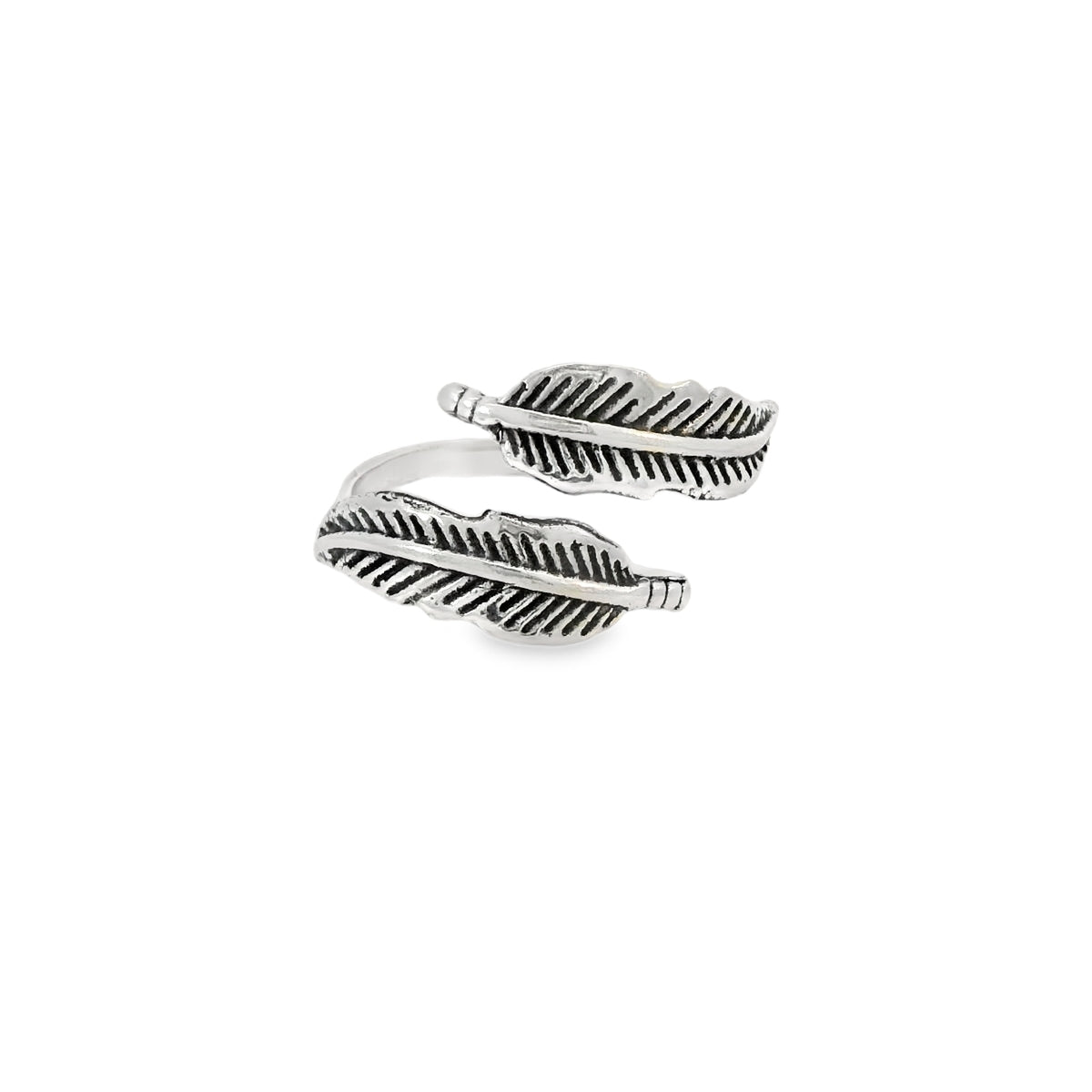 Pair of silver feather-shaped rings on a white background