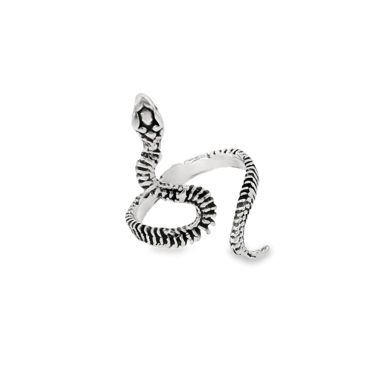 Silver snake-shaped ring on a white background