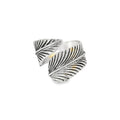 Silver feather-shaped ring on a white background