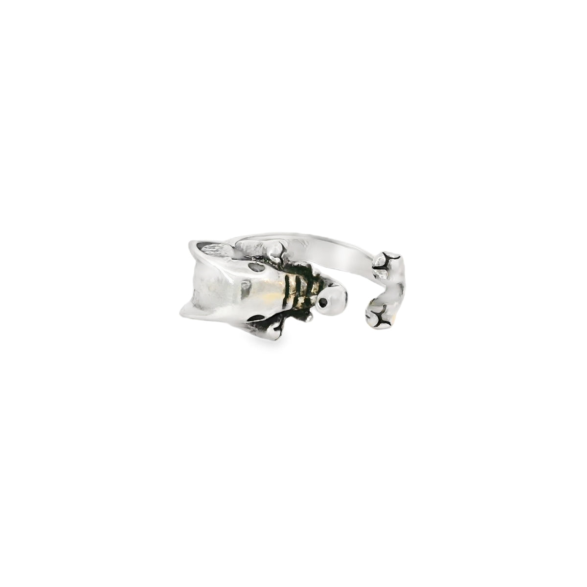 Silver elephant-shaped ring on a white background