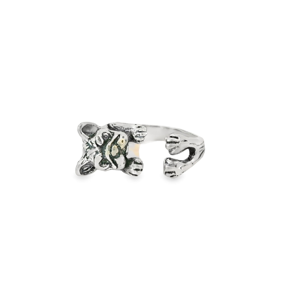 Silver ring with French design on a white background