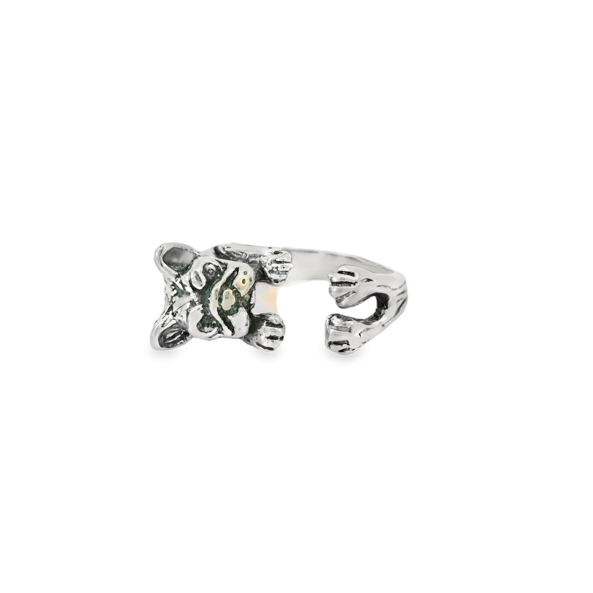 Silver ring with French design on a white background