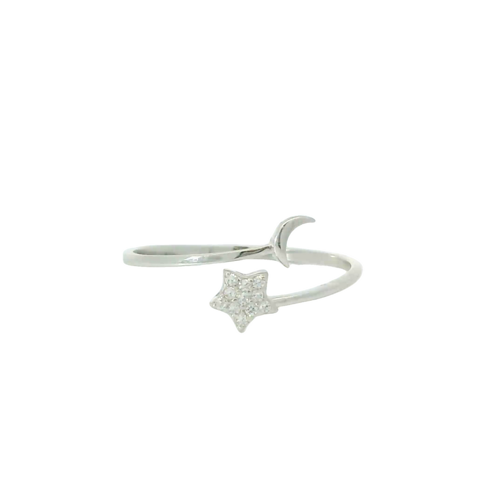 Sterling silver adjustable ring with cubic zirconia (Moon & Star)