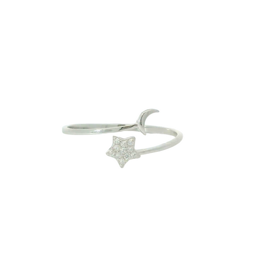 Sterling silver adjustable ring with cubic zirconia (Moon & Star)