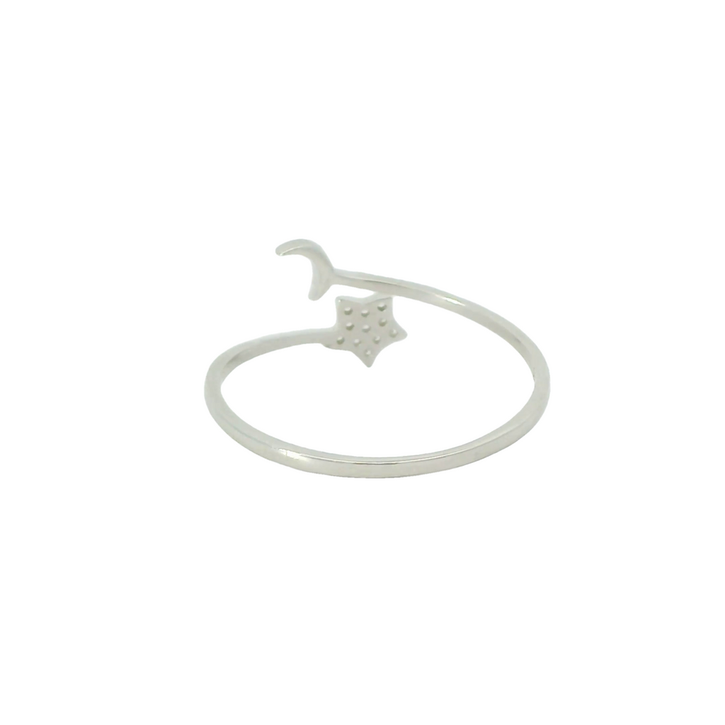Sterling silver adjustable ring with cubic zirconia (Moon & Star)