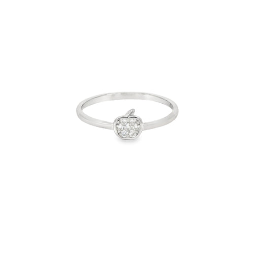 A sterling silver ring with a central cubic zirconia apple design