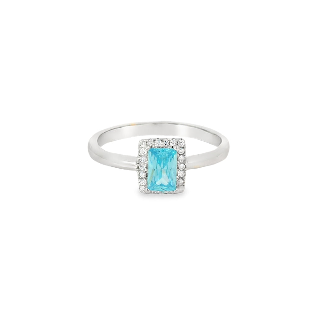 7X5 Aquamarine Cubic Zirconia Sterling Silver Ring