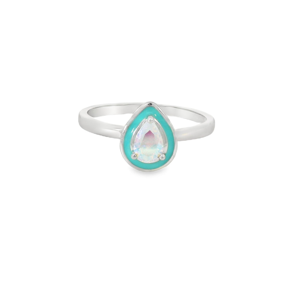 Cubic Zirconia Tear Drop With Blue Enamel Ring
