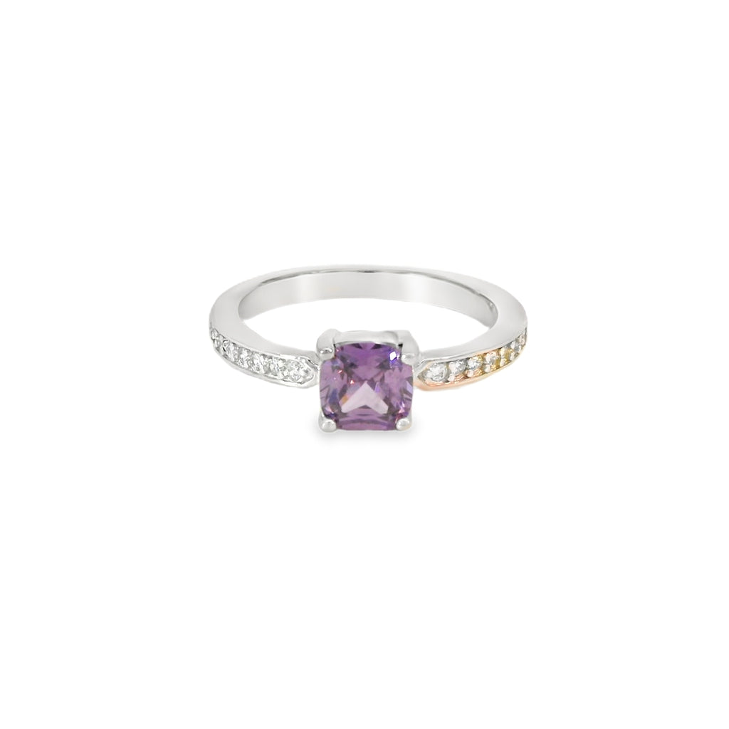 6x6mm Amethyst Cubic Zirconia Cushion Sterling Silver Ring  in