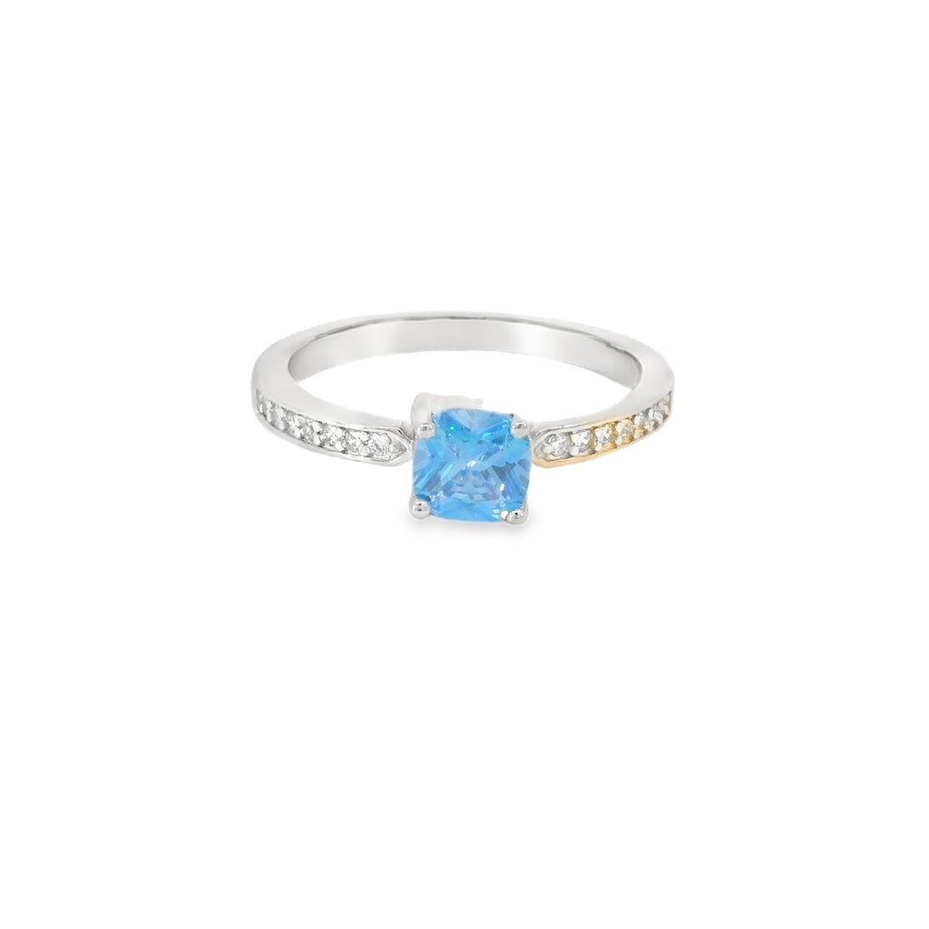 6x6mm Aquamarine Cubic Zirconia Cushion Sterling Silver Ring