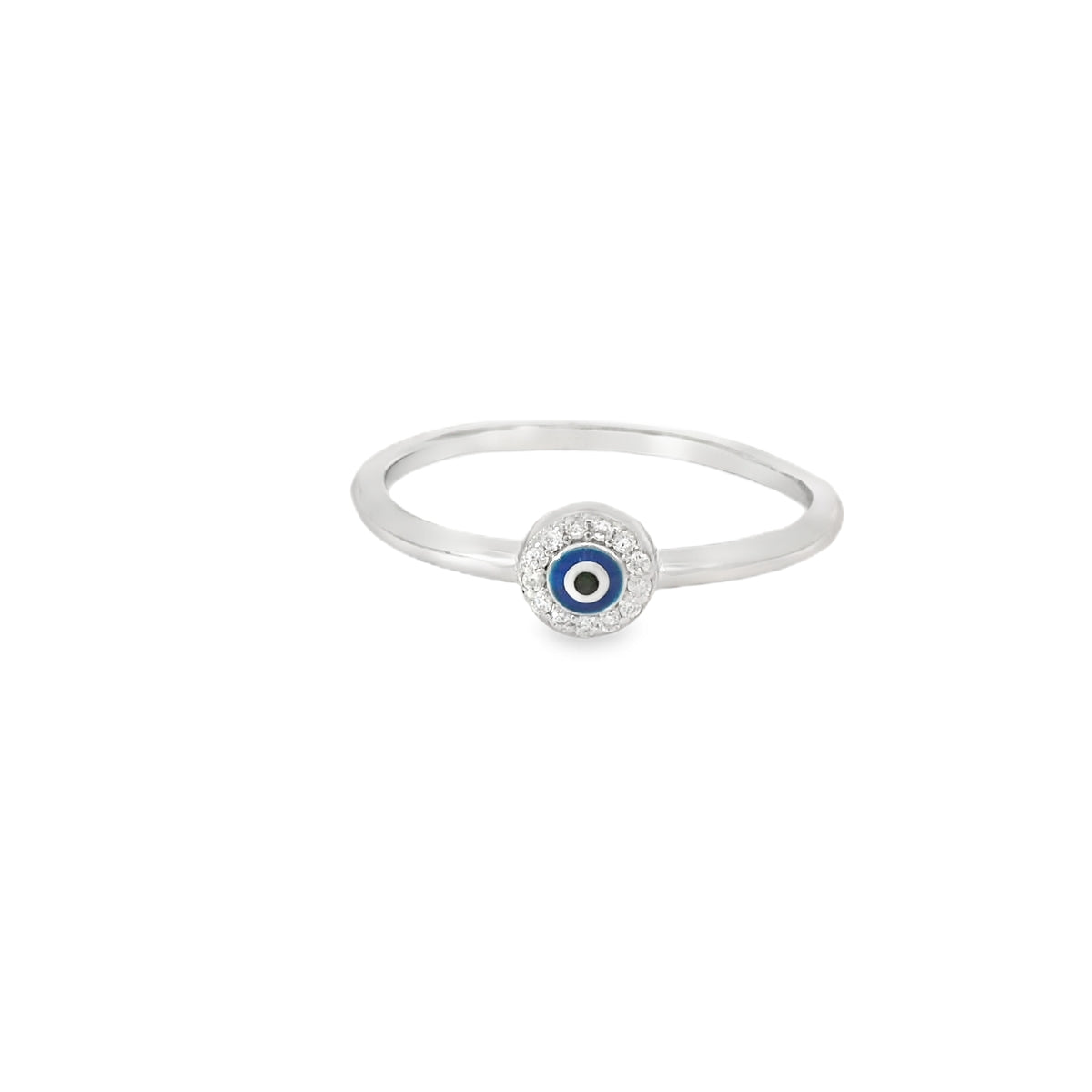 A silver ring with a round blue evil eye centerpiece surrounded by cubic zirconia