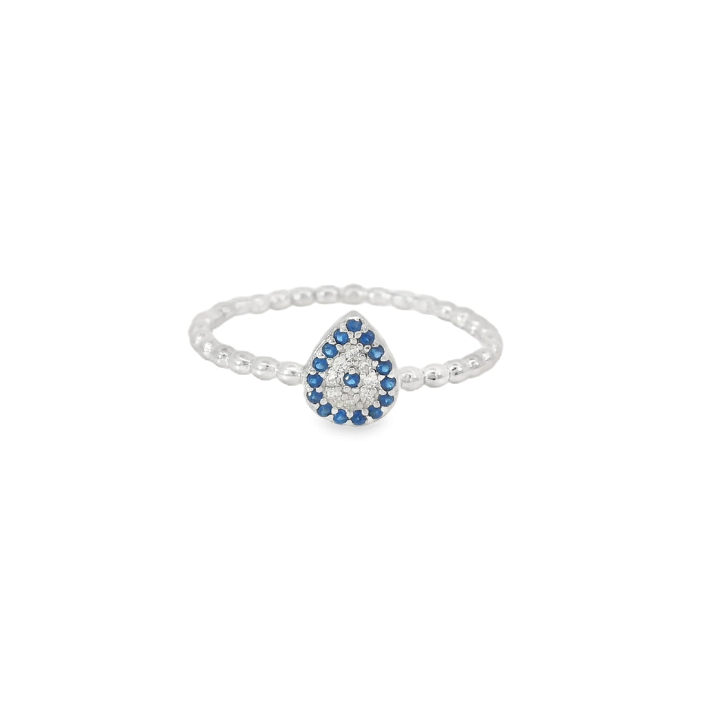Blue Tear Drop Evil Eye Ring With Cubic Zirconia