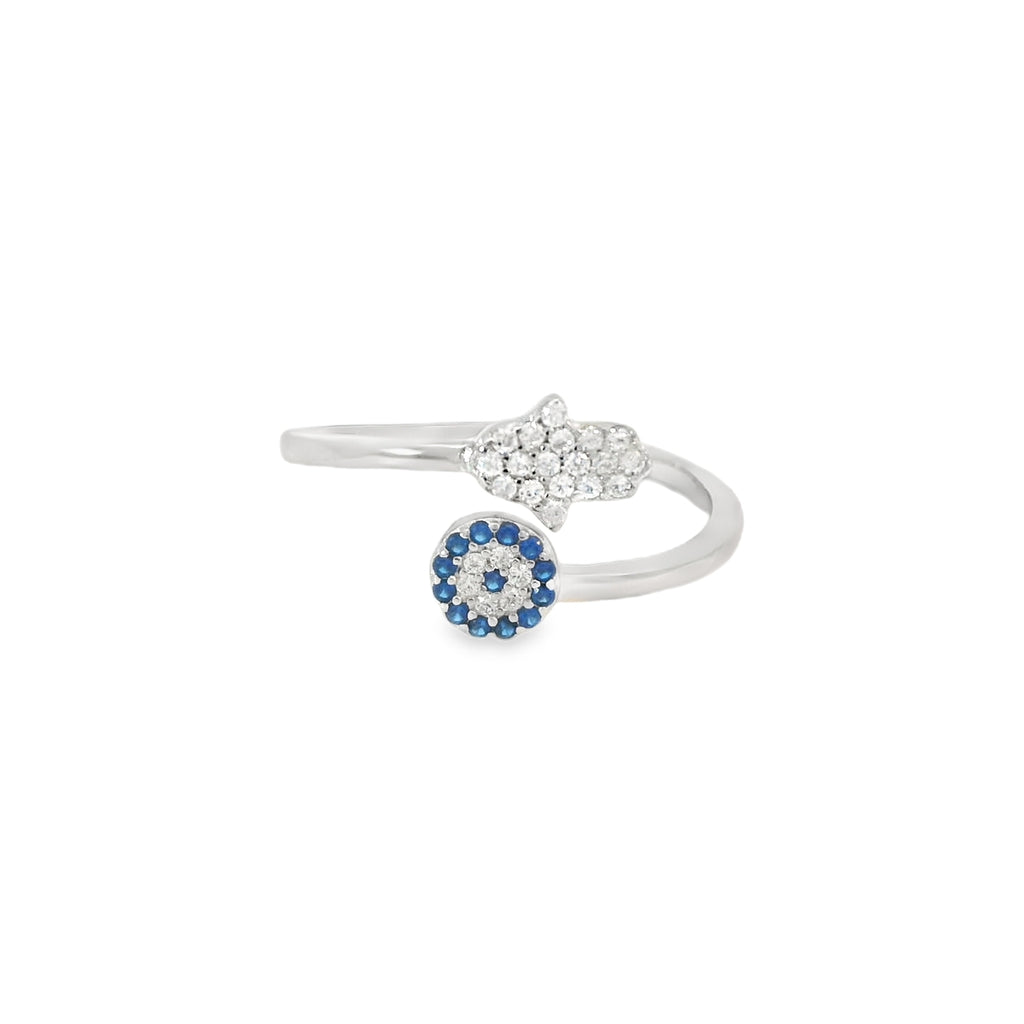 Blue Evil Eye & Hamsa Ring With Cubic Zirconia