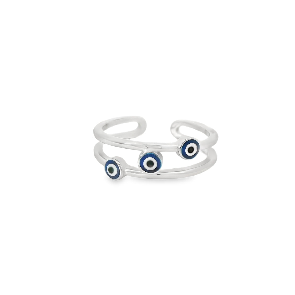 Three Evil Eye Blue Double Banded Ring