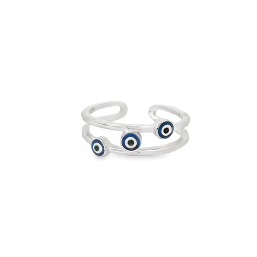 Three Evil Eye Blue Double Banded Ring