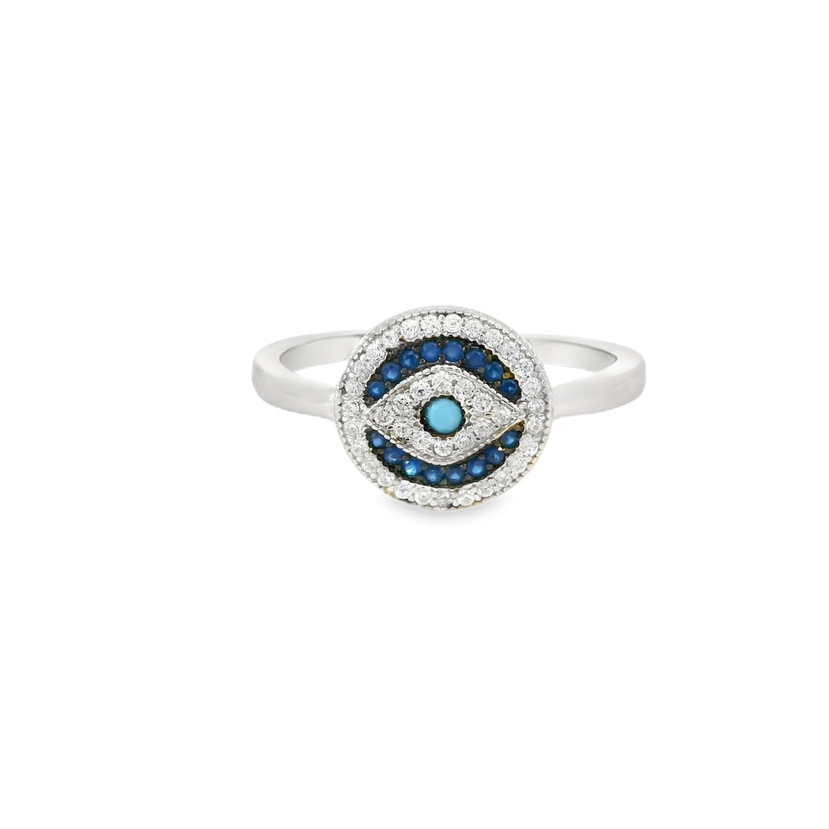 Round Evil Eye Ring With Cubic Zirconia And Turquoise Dot
