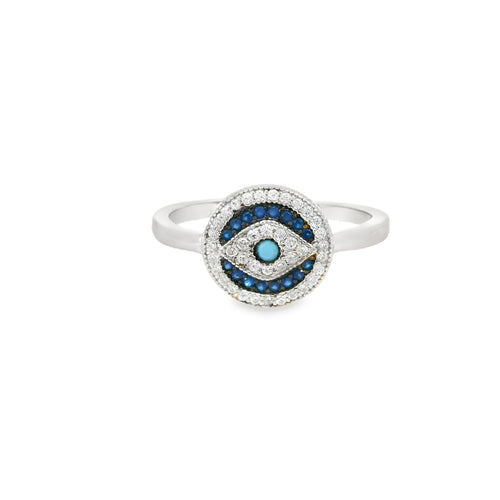 Round Evil Eye Ring With Cubic Zirconia And Turquoise Dot