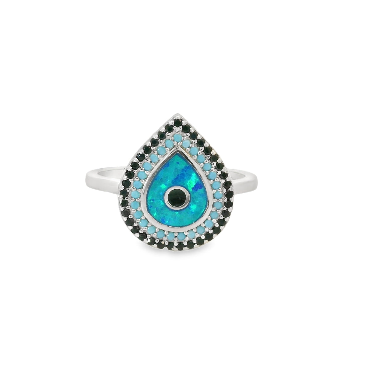 Evil Eye Tear Drop Ring With Lab Opal And Cubic Zirconia