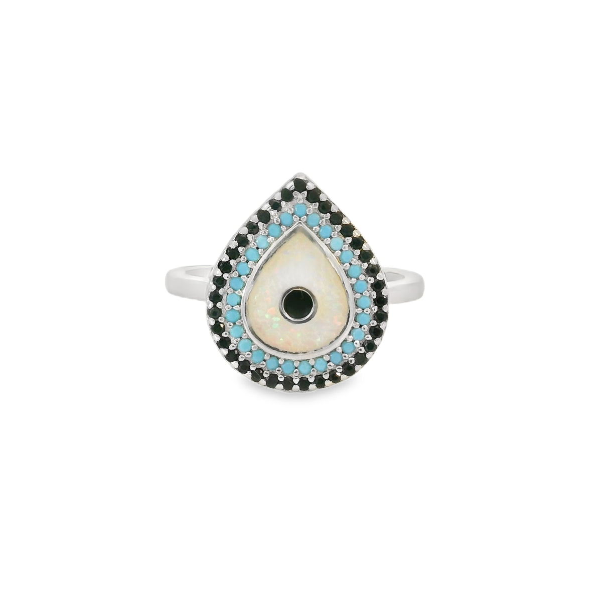Evil Eye Tear Drop Ring With Lab Opal And Cubic Zirconia