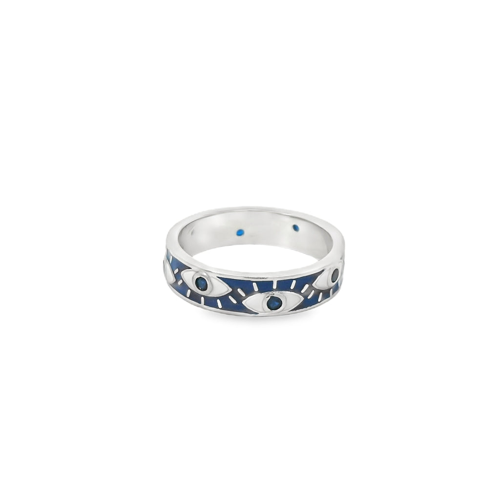 Silver ring with blue and black pattern evil eye  on a white background