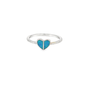Blue lab opal heart cubic zirconia sterling silver ring