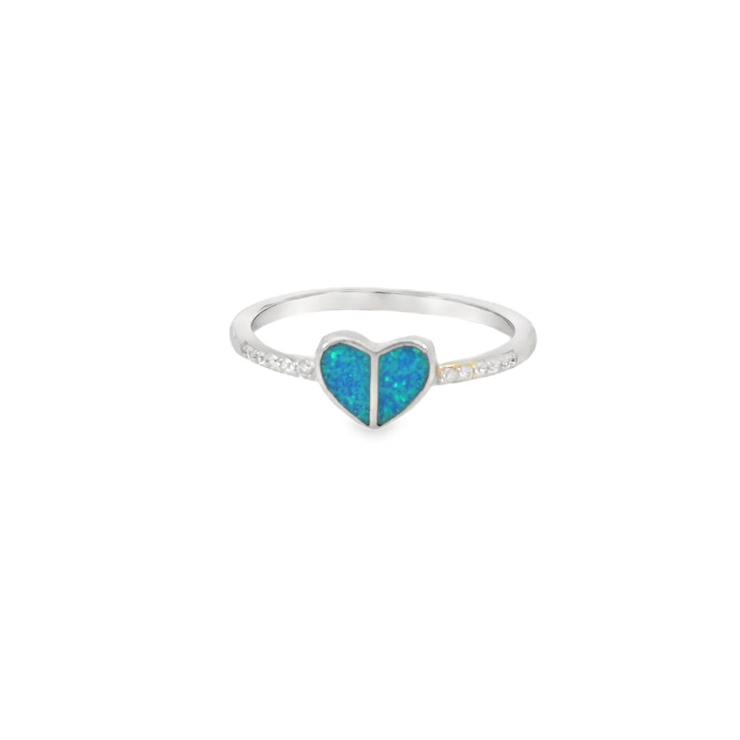 Blue lab opal heart cubic zirconia sterling silver ring