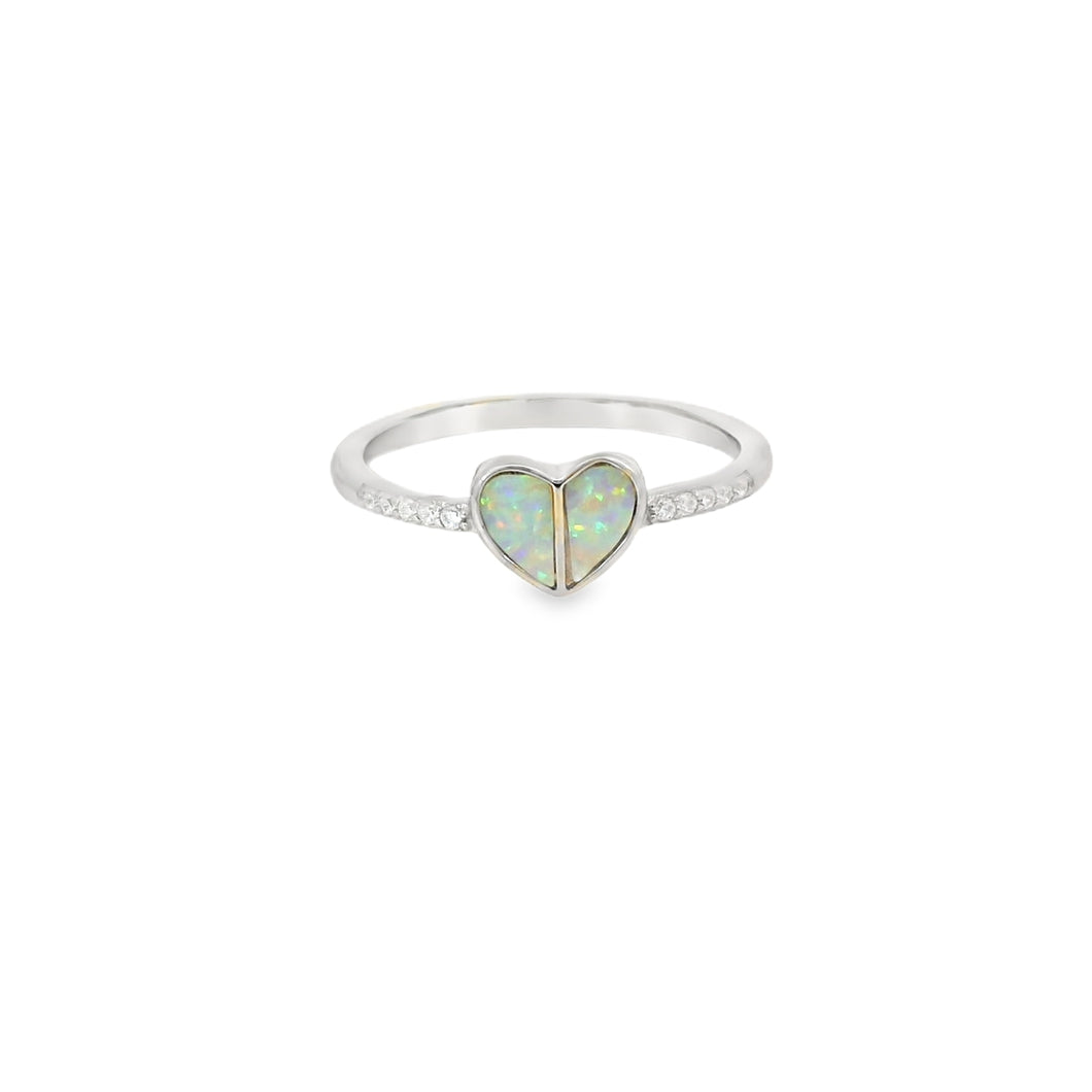 White lab opal heart cubic zirconia sterling silver ring