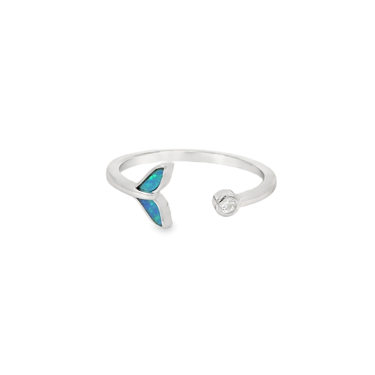 Whale tail blue lab opal with cubic zirconia sterling silver ring