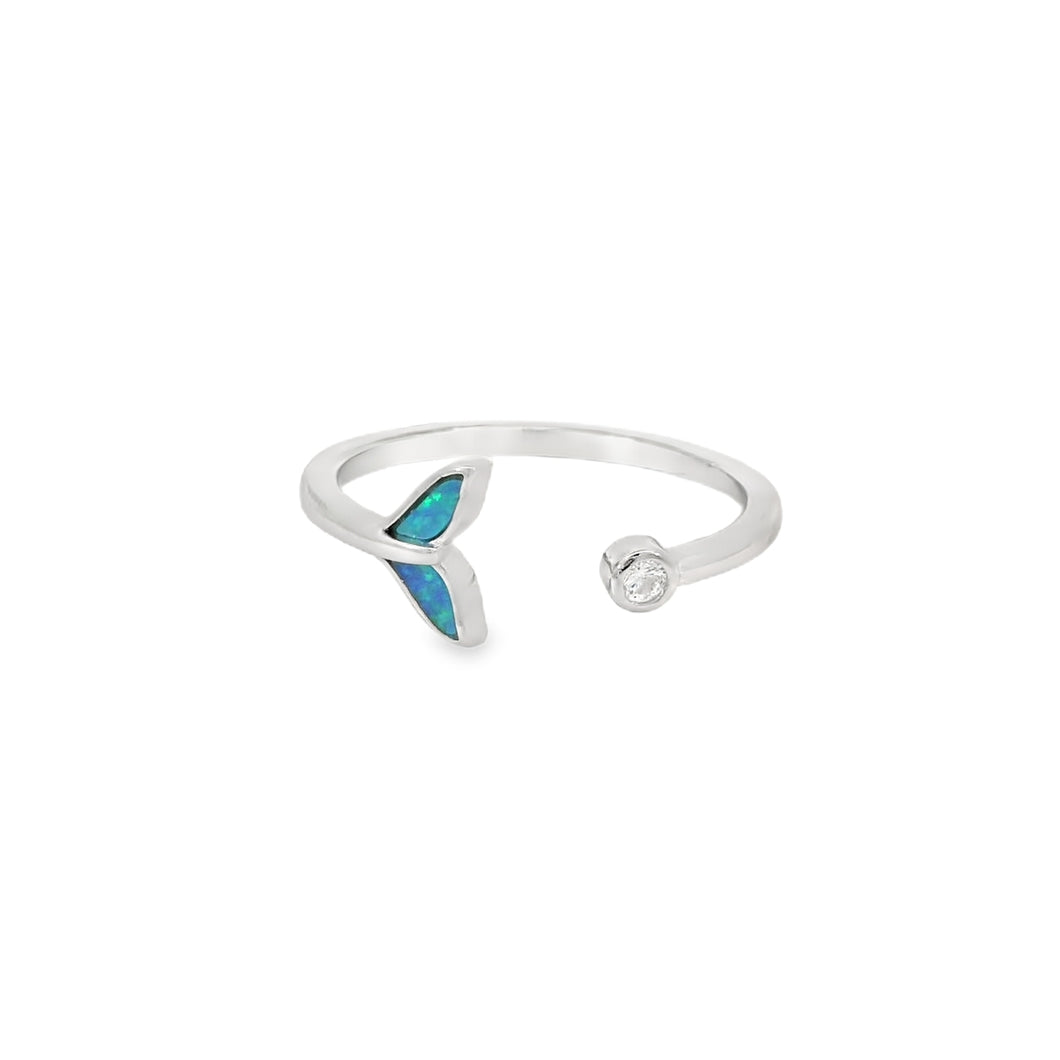 Whale tail blue lab opal with cubic zirconia sterling silver ring