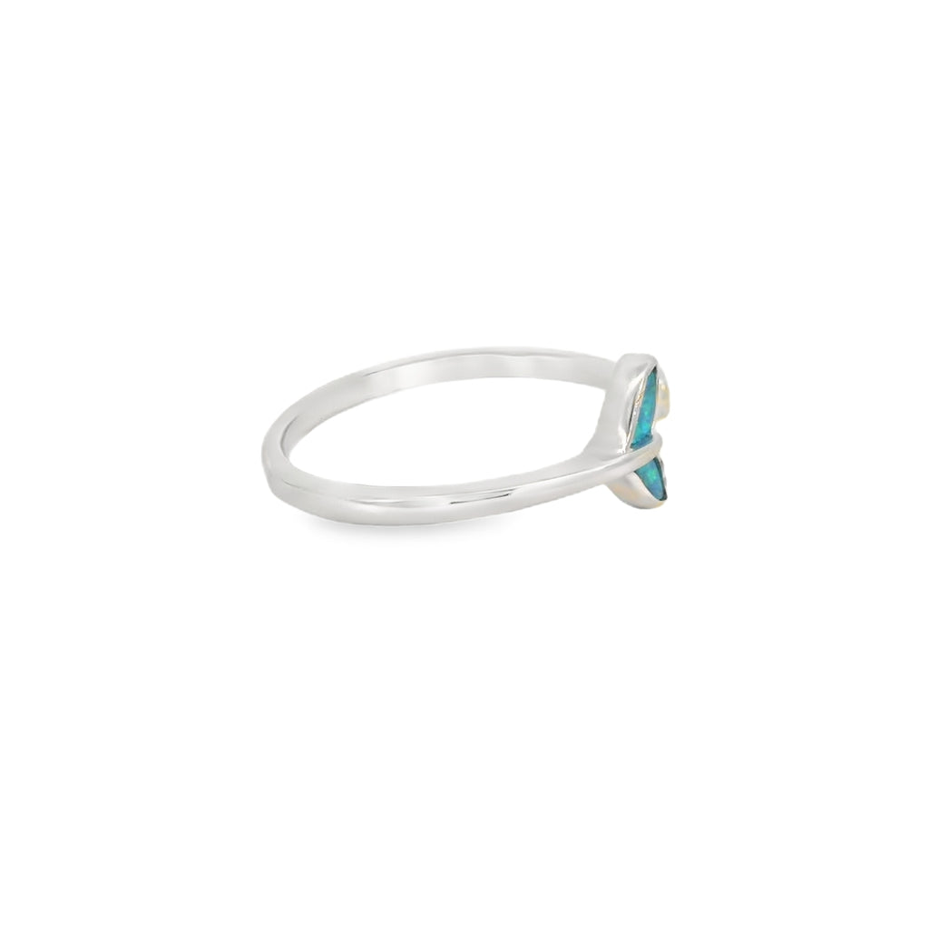 Whale tail blue lab opal with cubic zirconia sterling silver ring