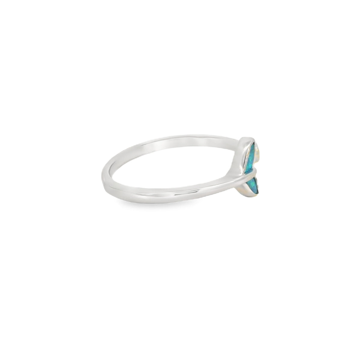 Whale tail blue lab opal with cubic zirconia sterling silver ring