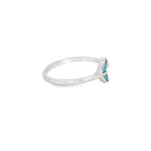 Whale tail blue lab opal with cubic zirconia sterling silver ring