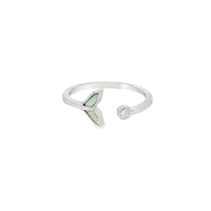 Whale tail white opal with cubic zirconia sterling silver ring