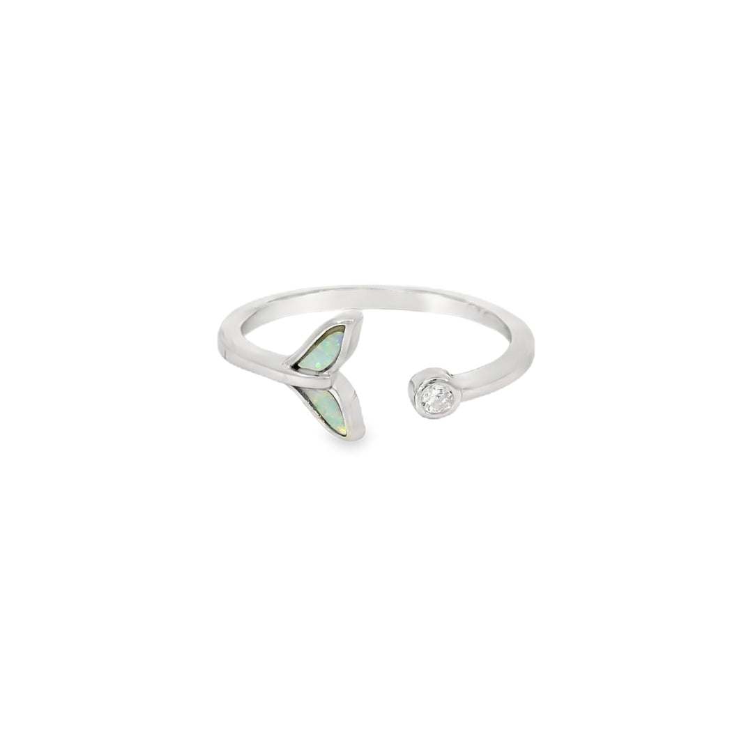 Whale tail white opal with cubic zirconia sterling silver ring