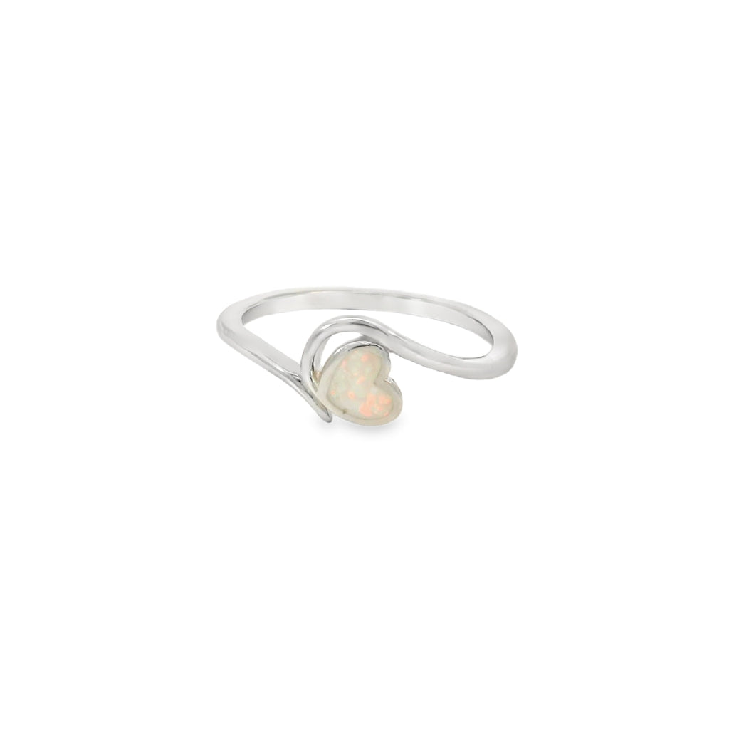 White lab opal heart sterling silver ring