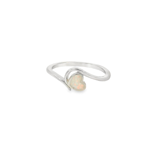 White lab opal heart sterling silver ring