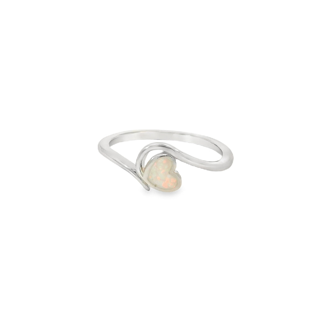 White lab opal heart sterling silver ring