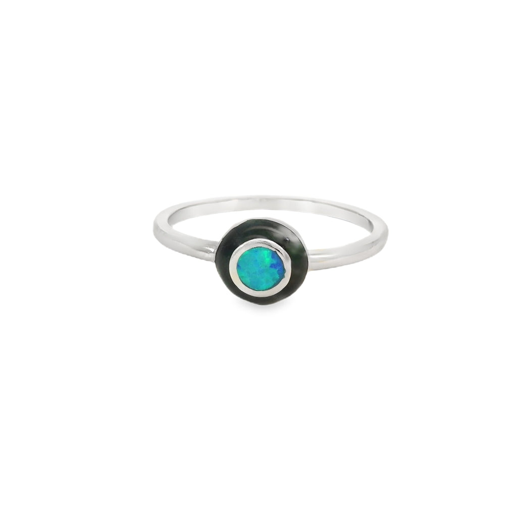 Blue lab opal with black enamel ring