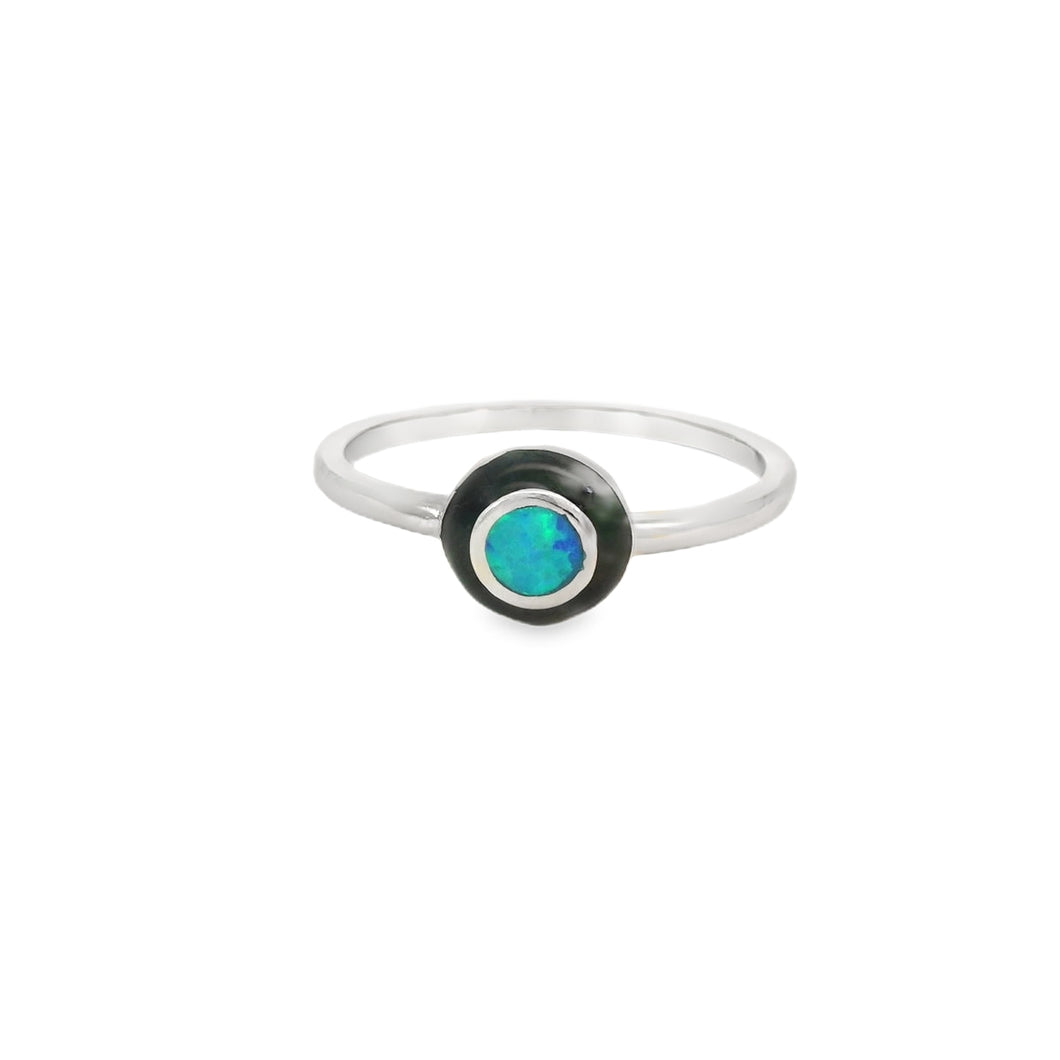 Blue lab opal with black enamel ring