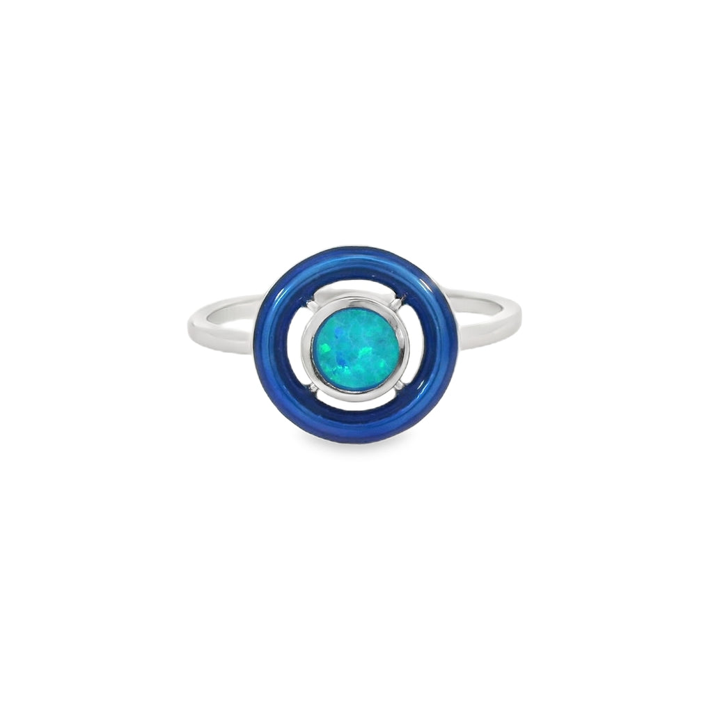 Blue lab opal with blue enamel ring