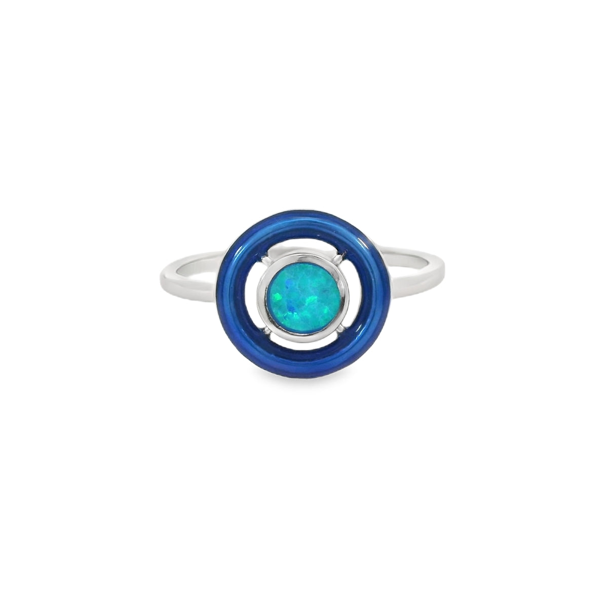 Blue lab opal with blue enamel ring