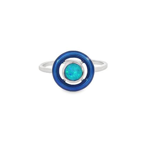 Blue lab opal with blue enamel ring