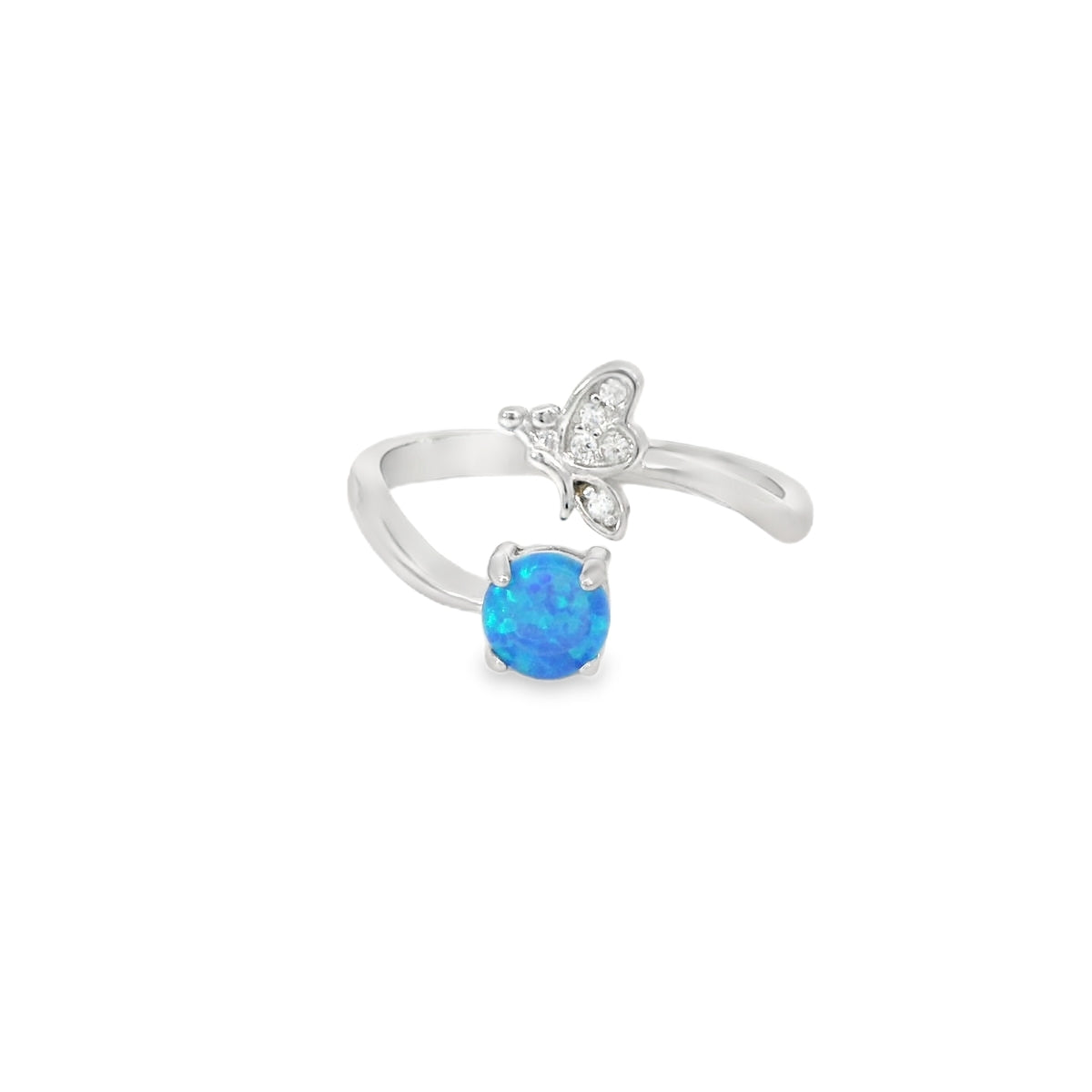 Butterfly & round 5mm blue opal cubic zirconia adjustable ring