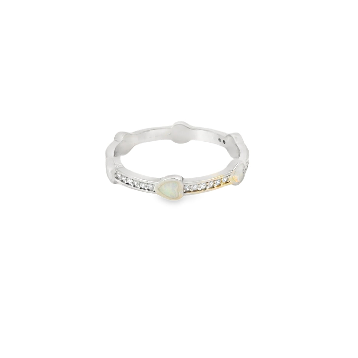 White lab opal hearts sterling silver ring