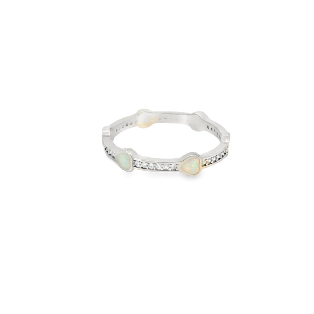 White lab opal hearts sterling silver ring