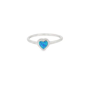 Blue heart lab opal sterling silver ring